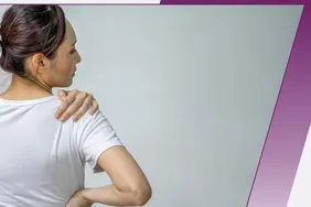 Person shoulder pain holding shoulder on purple graphic template
