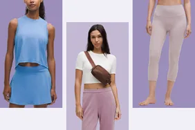 Three models wearing lululemon products featuring the Swiftly High-Low Cropped Tank Top, Everywhere Belt Bag 1L, and the Align™ High-Rise Crop on a purple background