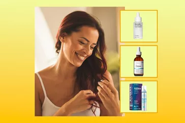 collage of adult woman with long hair smiling and hair care products on yellow gradient background