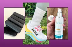 Bala Bangles, Hoka Sneakers, and a bottle of mineral sunscreen on a purple background