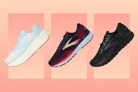 Three Brooks running shoes displayed side by side, featuring different designs and colors against a gradient background