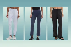 Three pairs of pants modeled in standing poses each featuring different styles and cuts