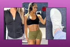 Collage showing gymwear items including a jacket woman in activewear and footwear