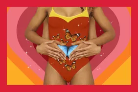 hands of women on stomach with butterflies, sparkles and hearts backgrounds