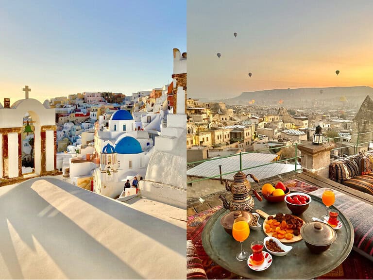 A side by side image of the most photogenic place in Greece and the most photogenic place in Turkey